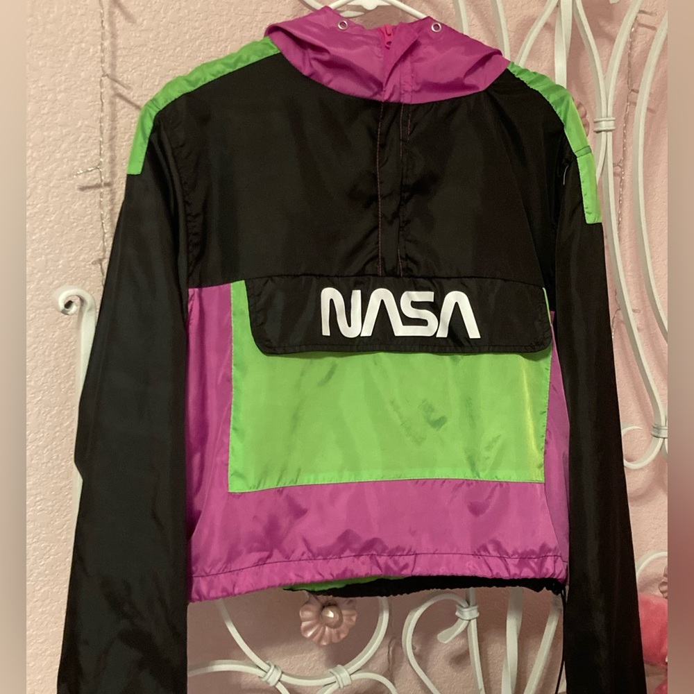 NASA Athletic Neon Green and Pink Windbreaker Hoodie with Astronaut Retro 80s